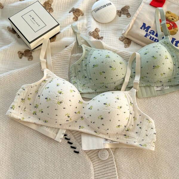 2pcs Ditsy Floral Seamless Bras For Young Girls, Lightly Padded Wireless Bras For Small Bust, Comfortable & Breathable Bras For Middle/High School Students