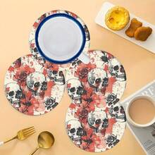 2pcs/4pcs/6pcs Halloween Skull Pattern Printed Silicone Placemats, Halloween Decor, Suitable For Dining Table, Coffee Bar, All Season Decoration, Washable Placemats, Room Decor, Coasters, Draining Mats, Kitchen Dining Table Mats, Indoor Outdoor Party Decor, Home Decor, Ideal Gift