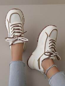 Novos Tênis Casuais Femininos, Malha Respirável Bege, Design com Cadarço, Adequado para Todas as Estações