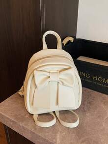 Mochila ligera, de estilo casual de negocios, con detalle de lazo estilo coreano - Elegante, estilosa y portátil para salidas. Perfecta para chicas, estudiantes universitarias, recién llegadas y trabajadoras de oficina. Ideal para la oficina, la universidad, el trabajo, los negocios, los desplazamientos, las actividades al aire libre, los viajes y las excursiones de un día. - Beis - Ver 2