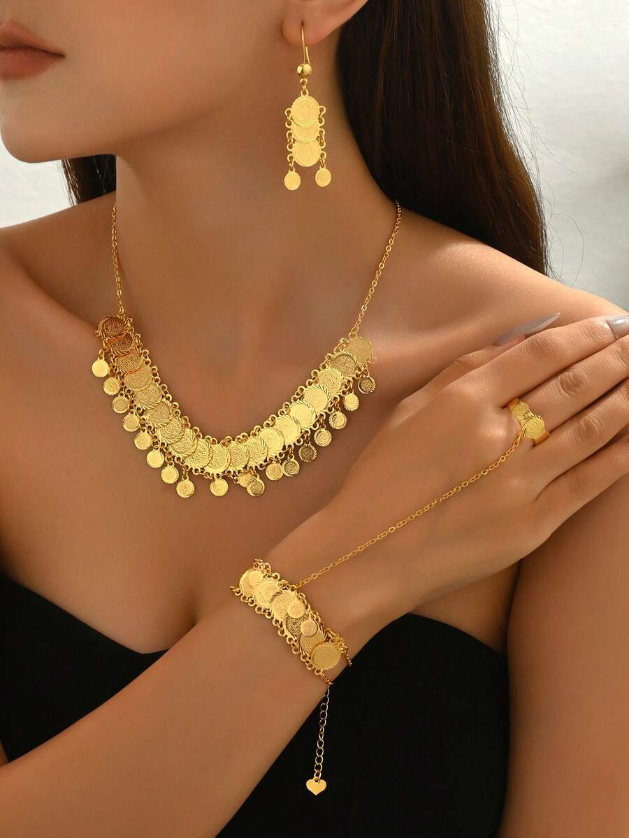 4 件套优雅复古风格流苏项链、硬币吊坠、耳环、手链首饰套装，适合派对、通勤