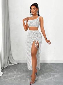 Conjunto de dos piezas de top corto de un hombro y falda con abertura en el muslo, de tela con textura, sexy y de moda para el verano, perfecto para vacaciones en la playa y salidas