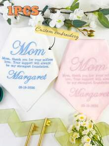 1pc Customized Embroidered Wedding Handkerchief, Personalized Bridal Handkerchief, Mother's Gift, Wedding, Wedding Favor, Keepsake, Wedding Party Gift, Engagement Handkerchief, Valentine's Day, Anniversary Gift, Customized Name & Date Handkerchief, Soft & Portable, Gift For Girlfriend, Friend Birthday - Multicolor - View 4