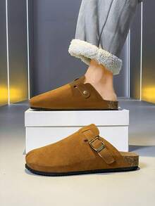 2025夏季男女通用博肯一脚蹬拖鞋，皮革鞋面搭配搭扣设计，软木厚底，耐磨，简约纯色，适合户外、旅行、休闲街头风格、情侣装，轻便露背穆勒拖鞋，时尚舒适，建议订购大一码