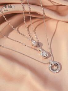 Hihho 3 款时尚优雅项链，锆石镶嵌双环圆球设计，个性化创意女士项链套装，奢华珠宝礼物 - 銀色 - 查看 2