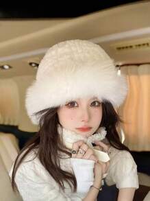 1 pieza Sombrero blanco esponjoso para mujer, sombrero de cubo grueso y cálido, gran circunferencia de cabeza, sombrero de invierno a prueba de viento para otoño