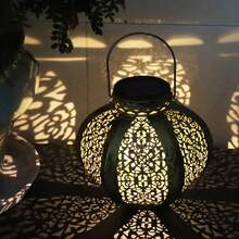 1pc Vintage Metal Hollow Floral Pattern Lantern With Top Handle, Emitting Warm Glow, Suitable For Christmas, Halloween, Wedding Celebration, Outdoor Garden Decor - Multicolor - View 5