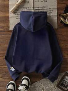 1件装少女保暖猫爪连帽卫衣，青少年学生服装，适合儿童秋冬季长袖上衣 - 藏蓝色 - 查看 3