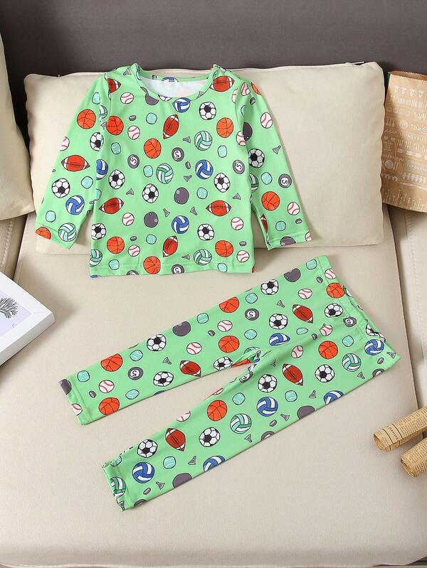 Baby Boy Cartoon Sports Ball Print Crew Neck Long Sleeve Top And Pants Casual Outfit