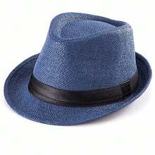 Unisex Handmade Simple Straw Panama Hat Summer Beach Sun Short Brim Breathable Fedora Trilby Cuban Cap For Beach, Casual Gatherings, And Travel - 藏蓝色 - 查看 8