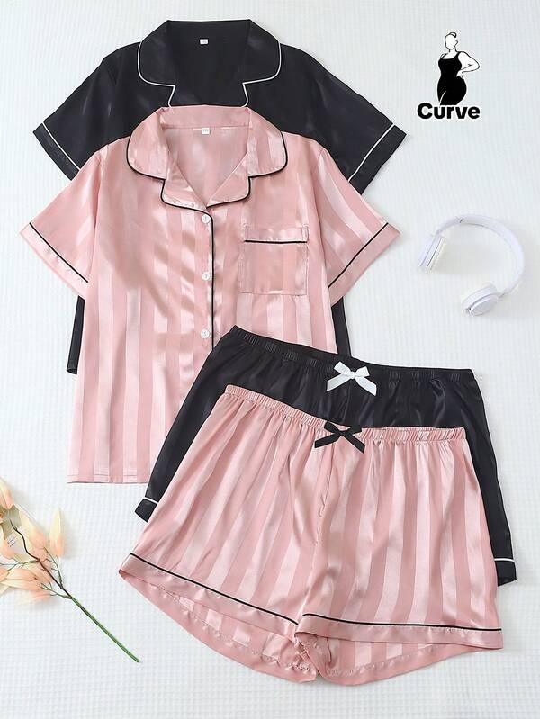2pcs Plus Size Women Satin Striped Print Pajama Set, Lapel Button Short Sleeve Top And Bow Shorts, Summer Sleepwear And Loungewear