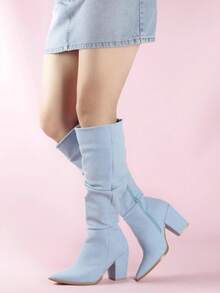 Nuevas botas altas de montar de tacón grueso con punta puntiaguda y cremallera lateral, versátiles para mujer, de moda europea y americana, para otoño/invierno colores únicos  Cowboy    Cremallera lateral    comodas  primavera,verano,otoño - Neblina azul - Ver 2