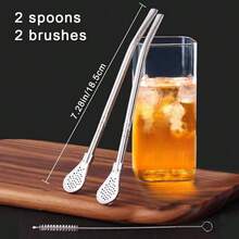 Yerba Mate Bombilla Straw, Stainless Steel Drinking Straws With Filter Spoo Detachable Tea Straws, Reusable For Loose Te Coffee, Drinks, With 2 Cleaning Brush, 7.2 2 Pack, Silver - Silver - View 6