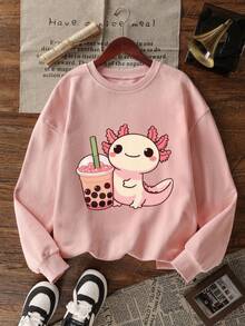 1pc Tween Girls' Cute Axolotl & Hexagon Animal Print Pink Crew Neck Sweatshirt, Warm Pullover Top For Young Students, Autumn/Winter - Pink - View 4