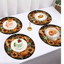 4pcs/6pcs/8pcs Set Pumpkin & Sunflower Wreath Placemats, Thanksgiving Harvest Placemats, Suitable For Party, Kitchen, Dining Table Decor - 15 Inches