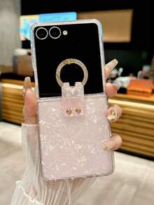 1 件男女通用可折叠手机壳，带腕带和指环，贝壳图案设计，兼容三星 Galaxy Z Flip 7/6/5/4/3、Razr 50/50 Ultra/60/60 Ultra，粉色、紫色、黑色、白色、象牙色可选 - 粉紅色 - 查看 3