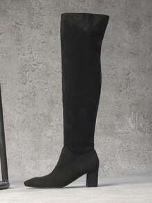 Eleganckie kozaki za kolano, materiał i lakierowana skóra, odzież wierzchnia, gruby obcas, wsuwane, jesień/zima, wysokie obcasy - Czarne - Zobacz 6