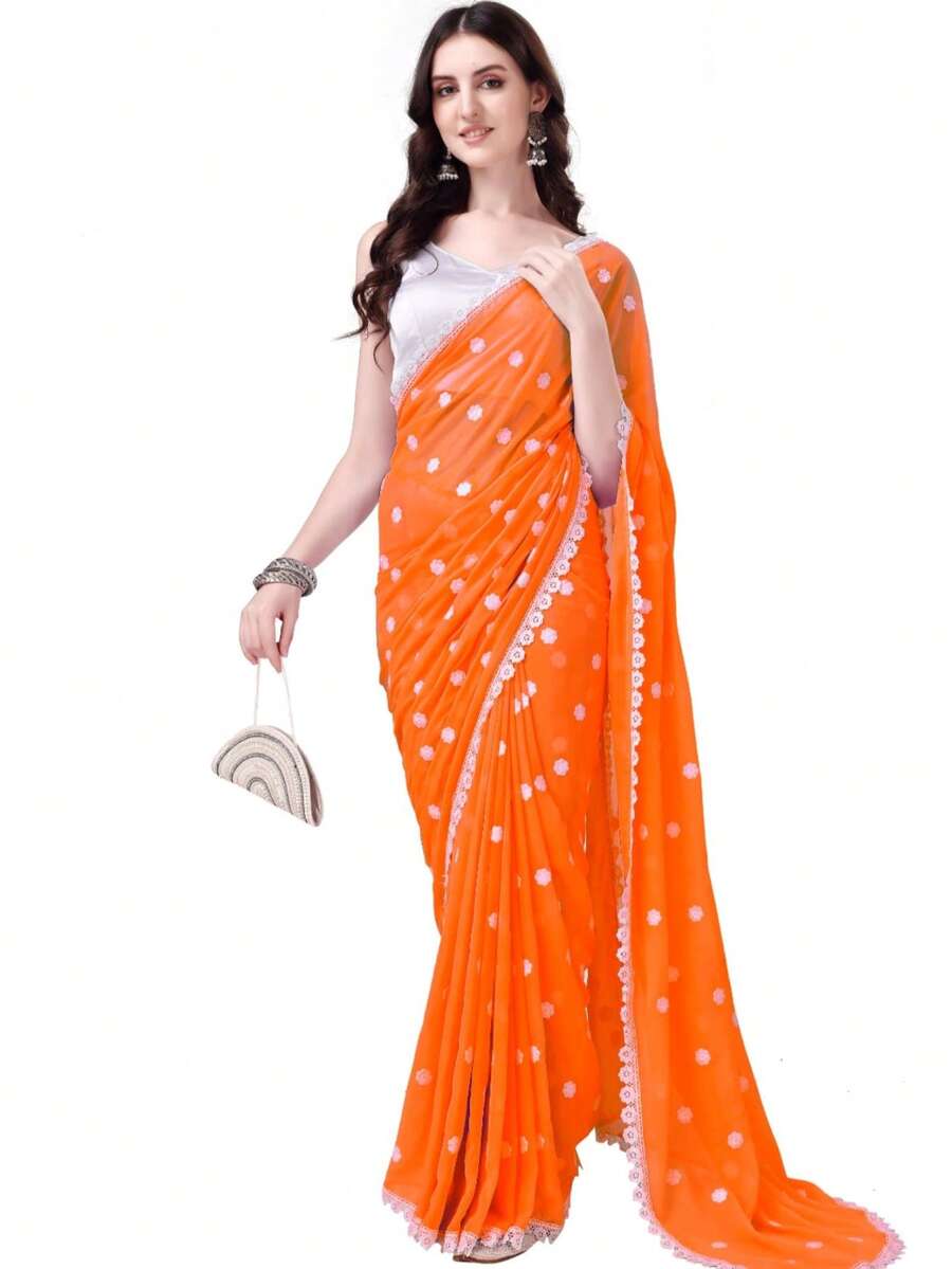 Estationeryhouse Women's Georgette Embroidery Border Work Designer Saree With Blouse Piece - Orange - View 1