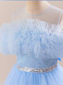 Blue Elegant Sequin Tween Girls' Evening Gown, Off Shoulder Shawl Long Princess Dress For Girls, Children Special Occasion Pale Blue Dress, Little Girl Flower Girl Wedding Birthday Party Formal Recital Piano Recital Sweet Formal Dress, Children Tulle Ruffle Sleeveless Dress