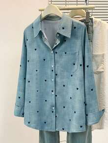 Plus Size Women's Casual Basic Solid Color Heart Print Polo Collar Long Sleeve Shirt Top With Pocket, Spring Summer Fall Daily Wear