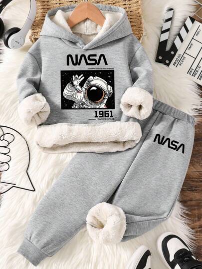 Tween Boy Cartoon Print Warm Hoodie And Sweatpants Set