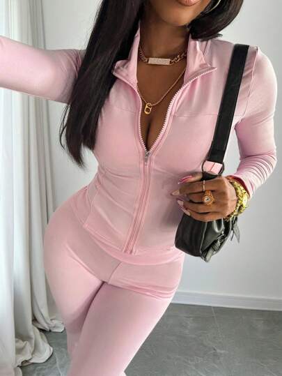 2 pièces Ensemble Top à manches longues rose et pantalon avec fermeture Éclair pour femmes, décontracté et sportif, nouveaux vêtements pour femmes