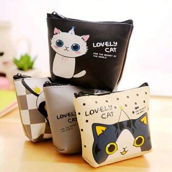 Cartoon Zipper Coin Purse, Cute Cartoon Cat Design Women Handheld Coin Pouch, Earphone Storage Bag