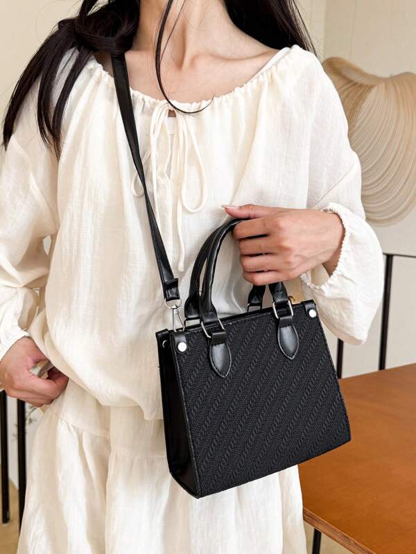 1 pièce Sac à main, sac à épaule et sac bandoulière de femme de couleur unie avec texture de pierre gaufrée et couture à la mode, avec fermeture éclair