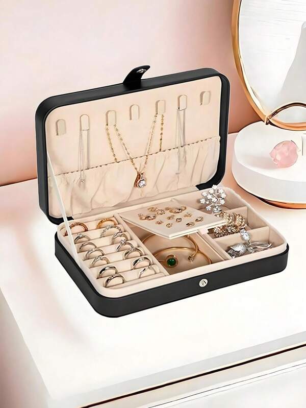 1pc PU Jewelry Storage Box, Portable Travel Jewelry Organizer, Vanity Storage Container, Multi-Compartment Travel Jewelry Display Box, Storage Gift Box, Display Box, Simple Flip Cover, Large Capacity, Suitable For Storing Rings, Necklaces, Earrings, Watches, Lipsticks And Other Accessories, Bedroom Accessories, Outdoor Travel Supplies,-Button Closure, Beautiful International Style, Suitable For Travel And Home, Ideal Gift For Girls