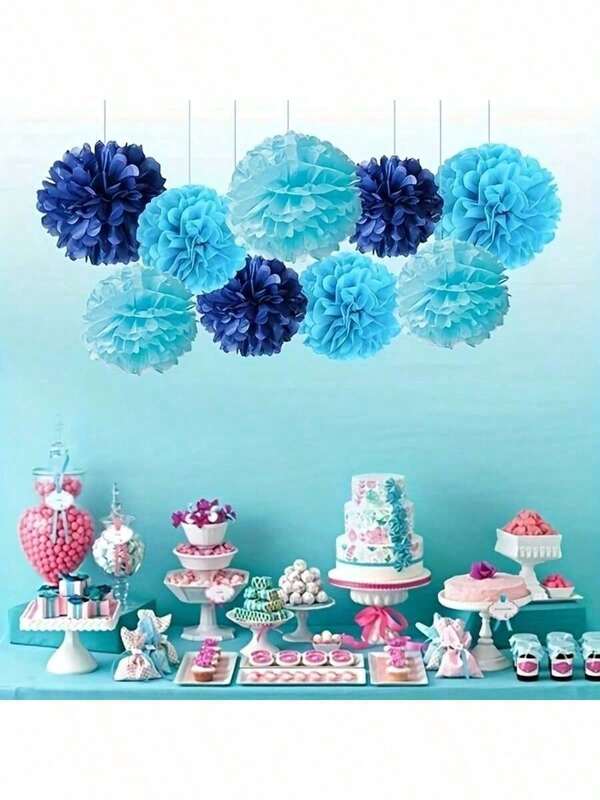 6/12pcs Blue Paper Flower Ball Set, Home, Wedding, Birthday, School Classroom Decor, Holiday Party Paper Decorative Flowers, Ocean Style Party Hanging Ornaments