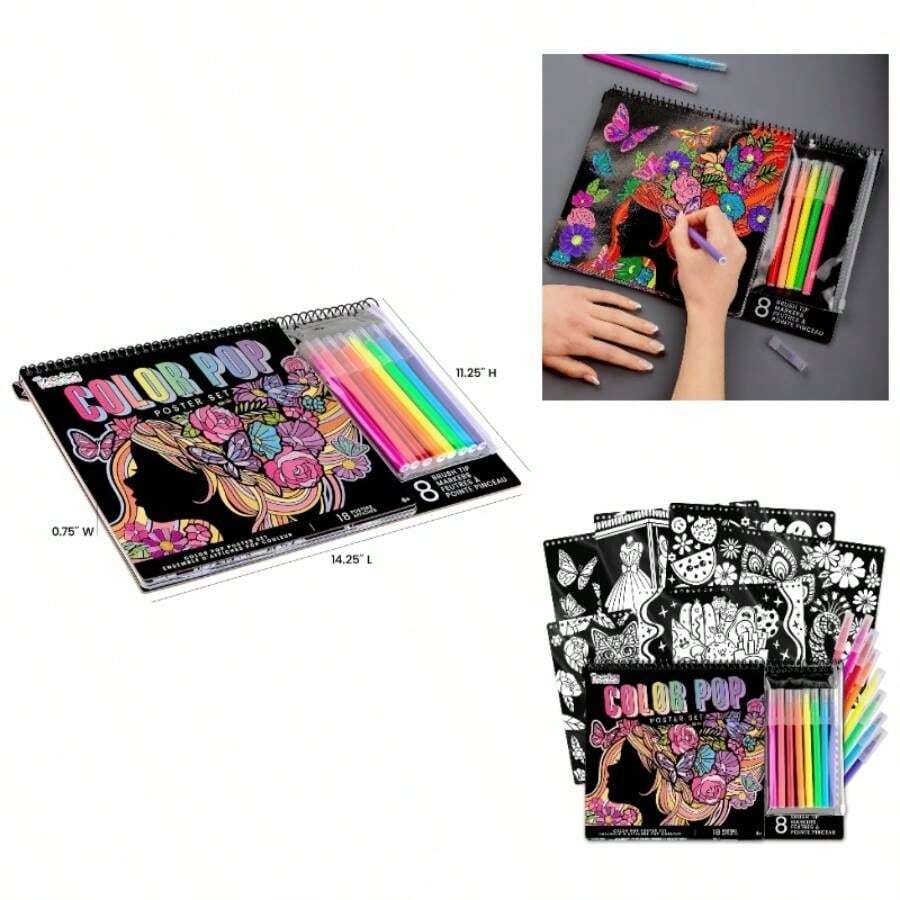 Color Pop Set, Includes 18 Posters 8 Brush Tip Markers For Kids, Tweens Teens, Perfect For Arts Crafts, Coloring DIY Room Decor - Đa - Xem 1