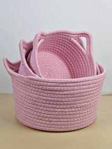 1Set Pink Kitten Style Cotton Rope Weaving Storage Basket Cartoon Animal Images Multiple Sizes Storage Basket Suitable For Bedrooms, Living Rooms, Toys, Snacks, Cosmetics Storage Classification Christmas Gifts