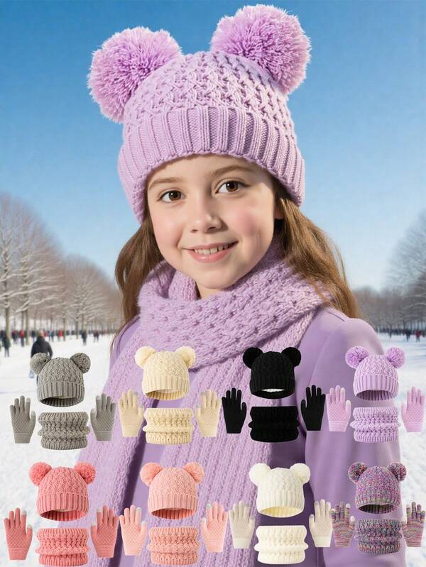 Set de 3 piezas de gorro, bufanda y guantes para niños en otoño/invierno, gorro de punto elástico con doble pompón lindo, set de 3 piezas resistente al frío, en colores arcoíris
