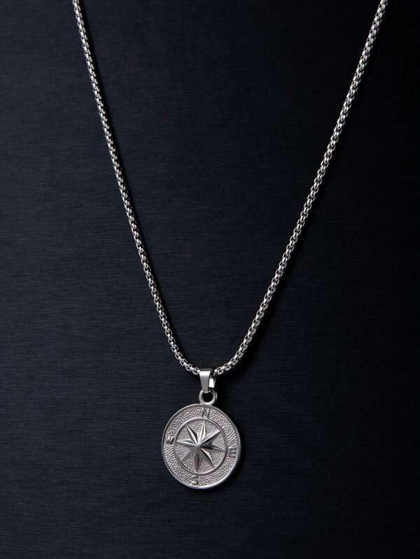 1pc New Fashion Stainless Steel Titanium Steel Compass Pendant Twisted Chain Necklace, Suitable For Men's Daily Wearing Jewelry Gift