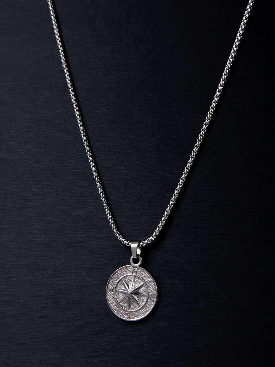 1pc New Fashion Stainless Steel Titanium Steel Compass Pendant Twisted Chain Necklace, Suitable For Men's Daily Wearing Jewelry Gift - Silver - View 1