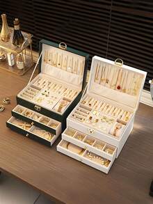 3-Layer Large Capacity Jewelry Storage Box, Portable Jewelry Storage Box, Dressing Table With Drawer Jewelry Storage Box, Gift Leather Jewelry Box, Exquisite Display Packaging Storage Container Back To School