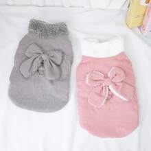 1pc Dog Fleece Vest With Bowknot, Warm Padded Collar Jacket For Cats & Dogs, Autumn/Winter - Grey - View 1