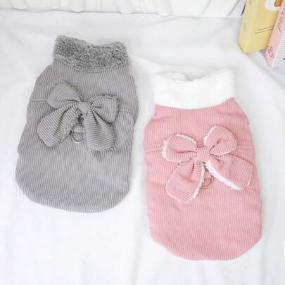 1 قطعة جاكيت كلاب من الفليس مع فيونكة، جاكيت مبطنة دافئة للقطط والكلاب، للخريف/الشتاء