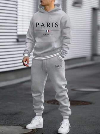 Men's Autumn And Winter Thickened Solid Color Paneled Jacquard Ribbed Cuffs Long Sleeve Pockets Simple Hooded Top And Pants Casual Suit With Adjustable Trouser Laces And Large Pattern Paris Pattern Print Matching, Perfect For Casual Sports, Street Outdoors, Home Everyday Wear