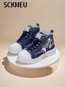 SCKMEU 1 par de zapatillas casuales con suela gruesa de denim para mujer, nuevas versátiles y cómodas zapatillas deportivas de caña alta para otoño 2025, adecuadas para faldas, senderismo, deportes, uso casual, zapatos planos de moda