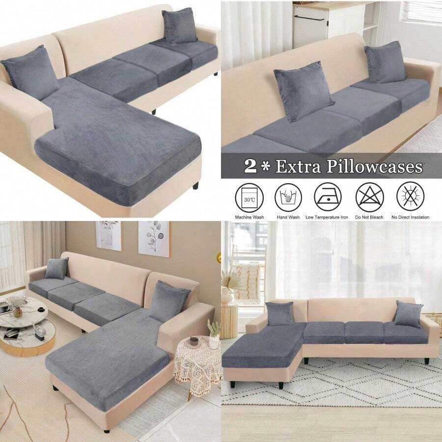 Sectional Couch Cover 4 Pieces Velvet Separate Couch Cushion Covers L Shape Soft Stretch Sofa Slipcovers With 2pcs Pillowcases For Left Right Chaise Sectional Couch 3 Seater+1 ChaiseDark Grey As