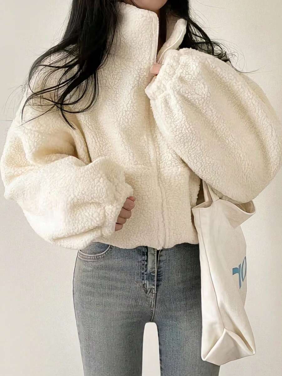 Women Elegant Zip Up Lamb Wool Short Jackets Coats Early Spring Fashion New Solid Chic Teddy Jacket Valentine's Day Outfit Couple Coat Spring To Summer Going Out Tops Gym Wear Casual Loose Fit Long Sleeved Spring Break Outfits Overcoats Female Street Outerwear Party Clothes - Apricot - View 1