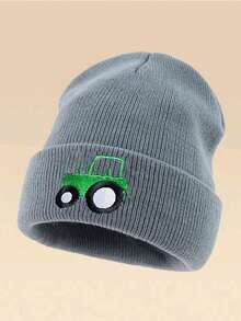 1pc Cartoon Tractor Embroidered Knit Beanie Hat, Suitable For Cycling And Hiking