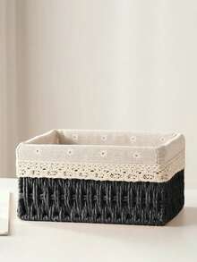 1pc/3pcs Woven Storage Basket, Desktop Covered Storage Basket, Handmade Woven Storage Basket, Desktop Snack Storage Box, Living Room Toy Storage Box, Key And Miscellaneous Storage Basket, Cosmetic Storage Basket, Home Organization And Storage Items For Kitchen, Bathroom, Bedroom, Living Room, Dorm, Office Desk, Home Decor Craft - Black - View 4