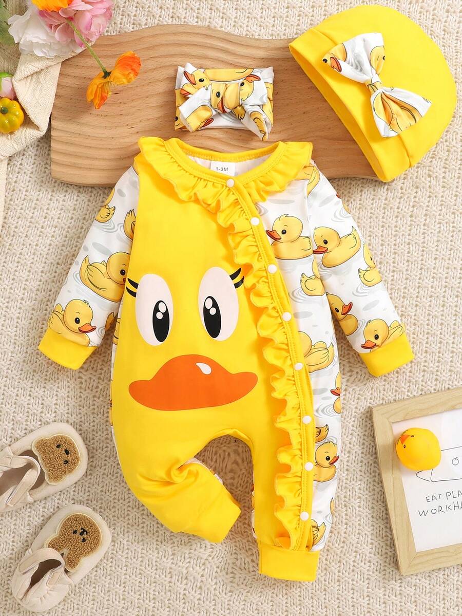 3件套女婴秋冬粉色碎花圆领长袖连衣裤（带帽子和围巾） - 黃色 - 查看 1