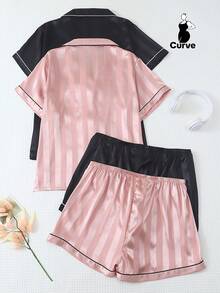 2 件大码女式缎面条纹印花睡衣套装，翻领纽扣短袖上衣和蝴蝶结短裤，夏季睡衣和家居服 - 彩色 - 查看 2