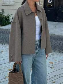 1 Peça Jaqueta Feminina Vintage Solta e Casual com Gola Virada, Manga Longa e Abotoamento Simples em Mistura de Lã, Outono/Inverno