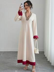 Váy dài tay cổ chữ V đính sequin thêu họa tiết khóa kéo màu tương phản thanh lịch dành cho nữ, mặc hàng ngày - Màu be - Xem 7