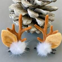 2pcs Reindeer Antler Hair Clips With Pom-Pons And Ears, Christmas Women's Hair Accessories For The Festival, Santa Claus, Bells, Pom-Pons Decorated Hair Clips, Very Suitable For Seasonal Celebrations And Decorations, Festival Party Prop Accessories, Hair Clips, Plastic Material, Christmas Small Gifts