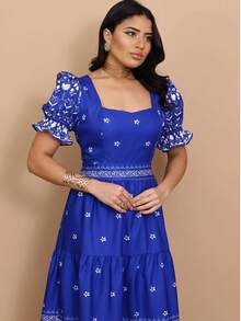 Helena Crepe Printed Midi Dress With Short Sleeves - Royal Blue - View 5